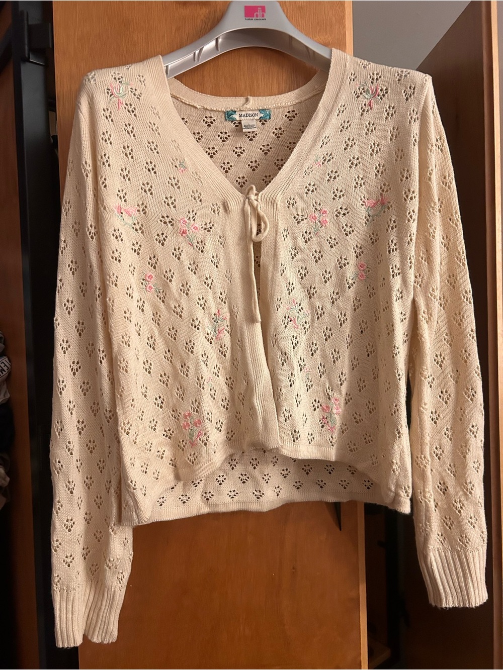 Madison Tan Openwork Tie-Neck Cardigan with Pink Embroidered Flowers